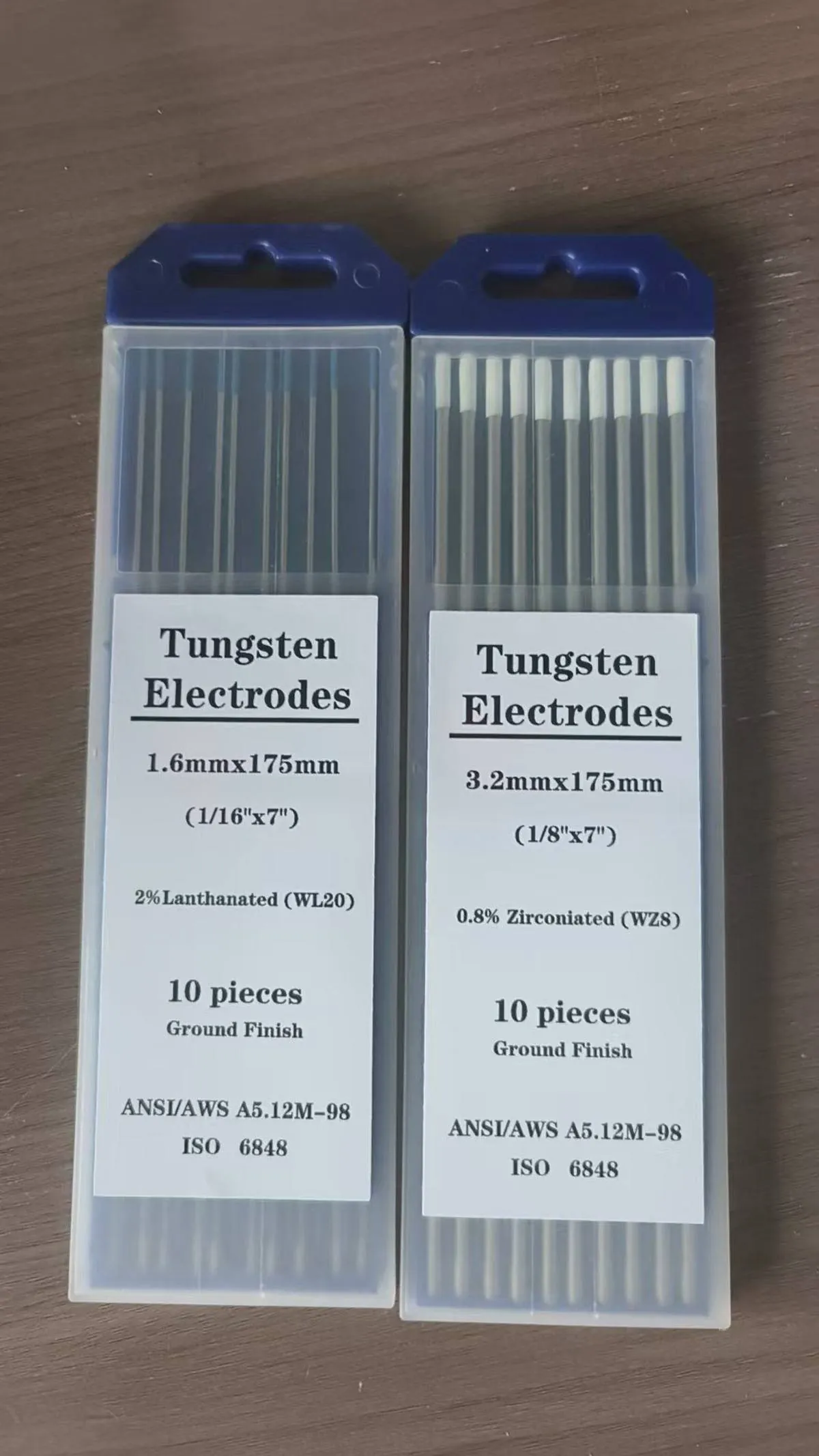 Row of labelled tungsten electrode tube boxes lined up for pre-shipment counting